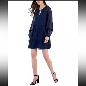 INC international concepts Elegant stripped chiffon Navy Blue mini Dress